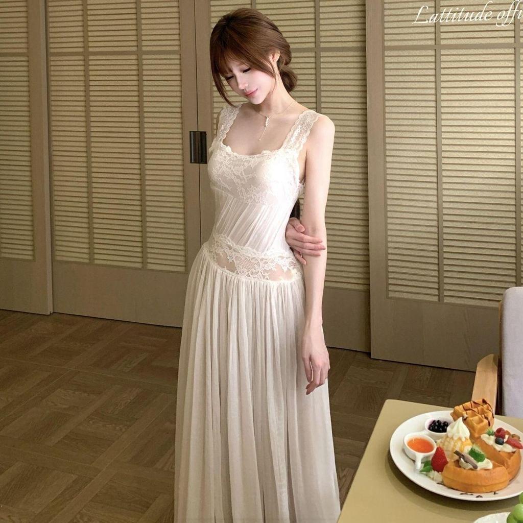 [จํากัดเวลา Seckill] Off-White Waistless Laced-up Straps Suspenders ฤดูร้อนอารมณ์วันหยุดกระโปรงยาวลูกไม้เอวแคบ