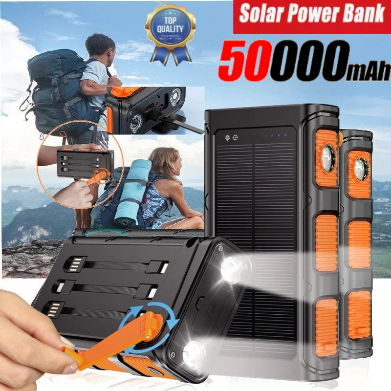 50000mAh Hand Crank Solar Power Bank พร้อมสาย Camping Light PD 20W Fast Charging Powerbank สําหรับ I