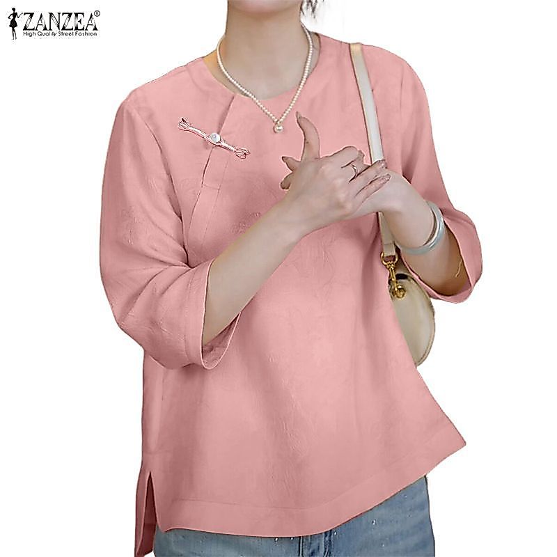 ZANZEA ผู้หญิงเกาหลีใหม่สไตล์จีนคอลูกเรือปุ่มกบ 3/4 แขนหลวม Fit H-Type เสื้อเบลาส์