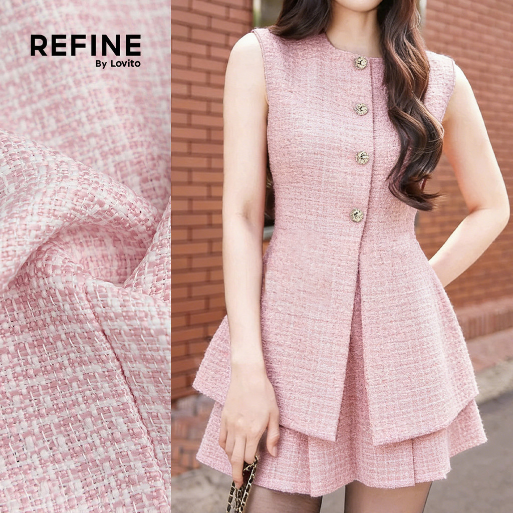 (Refine by Lovito) เดรสสีชมพูสําหรับฤดูใบไม้ผลิ/ฤดูร้อนของผู้หญิง ผ้าเย็บติดกัน ผูกด้านหน้า สไตล์ลําลอง LR35E043