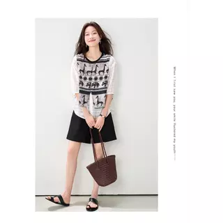 mimi&didi[สินค้าพร้อมส่ง]เสื้อแขนสั้นผู้หญิงลายพิมพ์สัตว์แบบเย็บปะติดปะต่อ ดีไซน์คล้ายเสื้อสองชิ้น ทรงหลวมลำลอง #99483