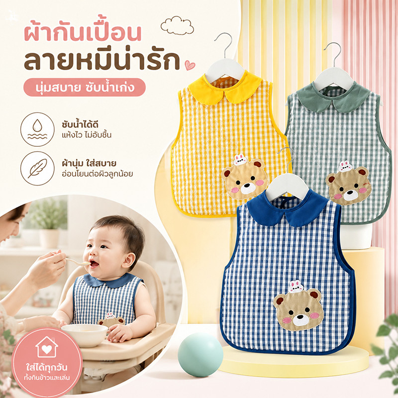 ผ้ากันเปื้อนเด็ก ผ้ากันเปื้อนเด็กอนุบาล กันน้ำกันเปื้อน ผิวสัมผัสระบายอากาศ ผ้ากันเปื้อนเด็กกินข้าว