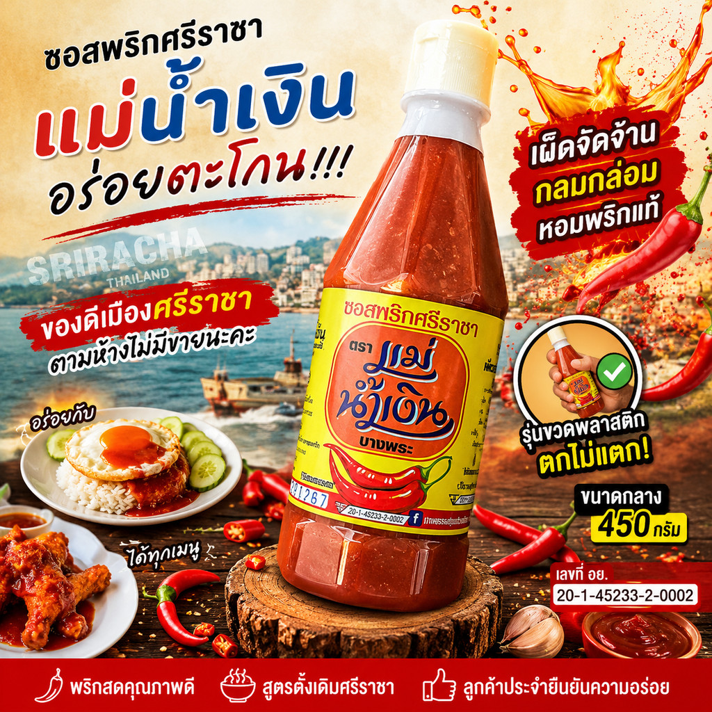 ซอสพริกศรีราชา แม่น้ำเงิน อร่อยตะโกน ของดีเมืองศรีราชา ขนาดกลาง 450ml และ 160ml