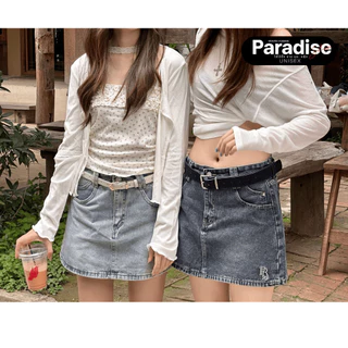 Paradise | กระโปรงยีนส์ขาสั้น ปักโลโก้ ดีไซน์น่ารัก สวยมินิมอล เอวสูง ทรงสวย ใส่สบาย แมทช์ง่าย ลุคเกาหลี ลุคคาเฟ่