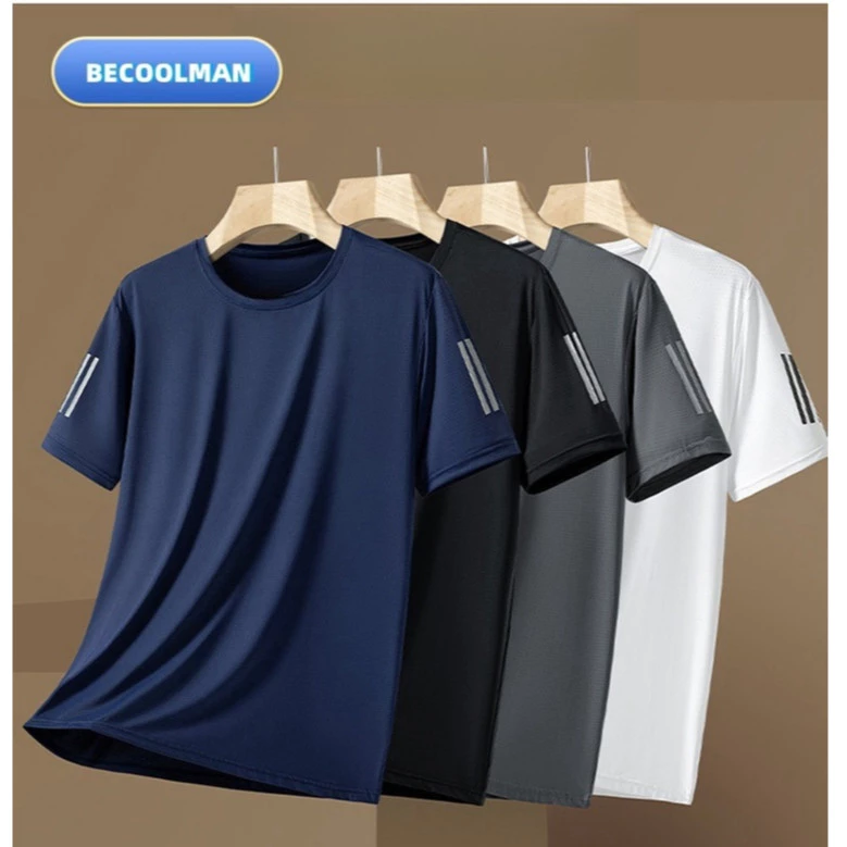 BECOOLMAN-เสื้อยืด คอกลม ผ้าไหมน้ำแข็ง เย็น แขนสั้น ชาย ฤดูร้อน แบบหลวม ใส่สบาย กีฬา ผ้าบางเบา ระบายอากาศได้ดี