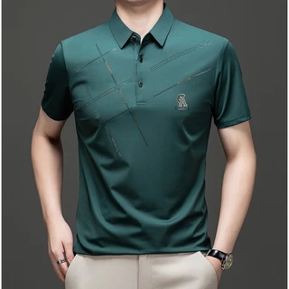PROMAN เสื้อโปโลผู้ชายคอปกสั้น ผ้าไอซ์ซิลซ์ ลายพิมพ์ สไตล์เกาหลี ทรงหลวมเรียบง่าย ใส่ประจำวัน เหมาะพ่อ