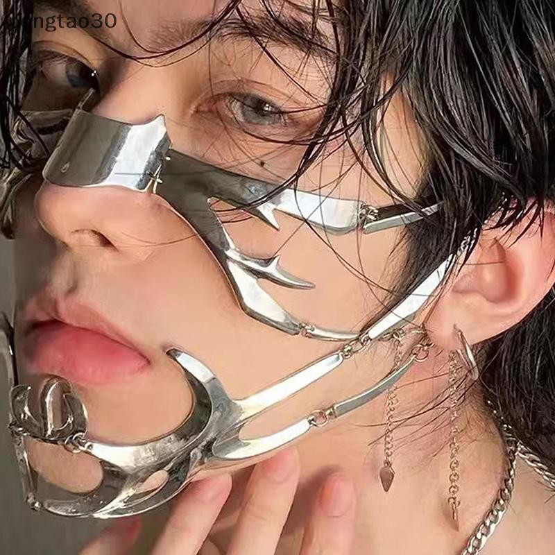 [pto] Punk Alien Decent Nose Mechanical Mask คอสเพลย์ Chin Gothic Masks Metal Face Wearing Halloween