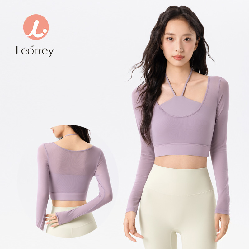 Leorrey-เสื้อยืดแขนยาวรัดรูปสำหรับใส่เล่นโยคะ เสื้อยืดคอกลม ทรงเข้ารูป พร้อมแผ่นรองเสริมทรง