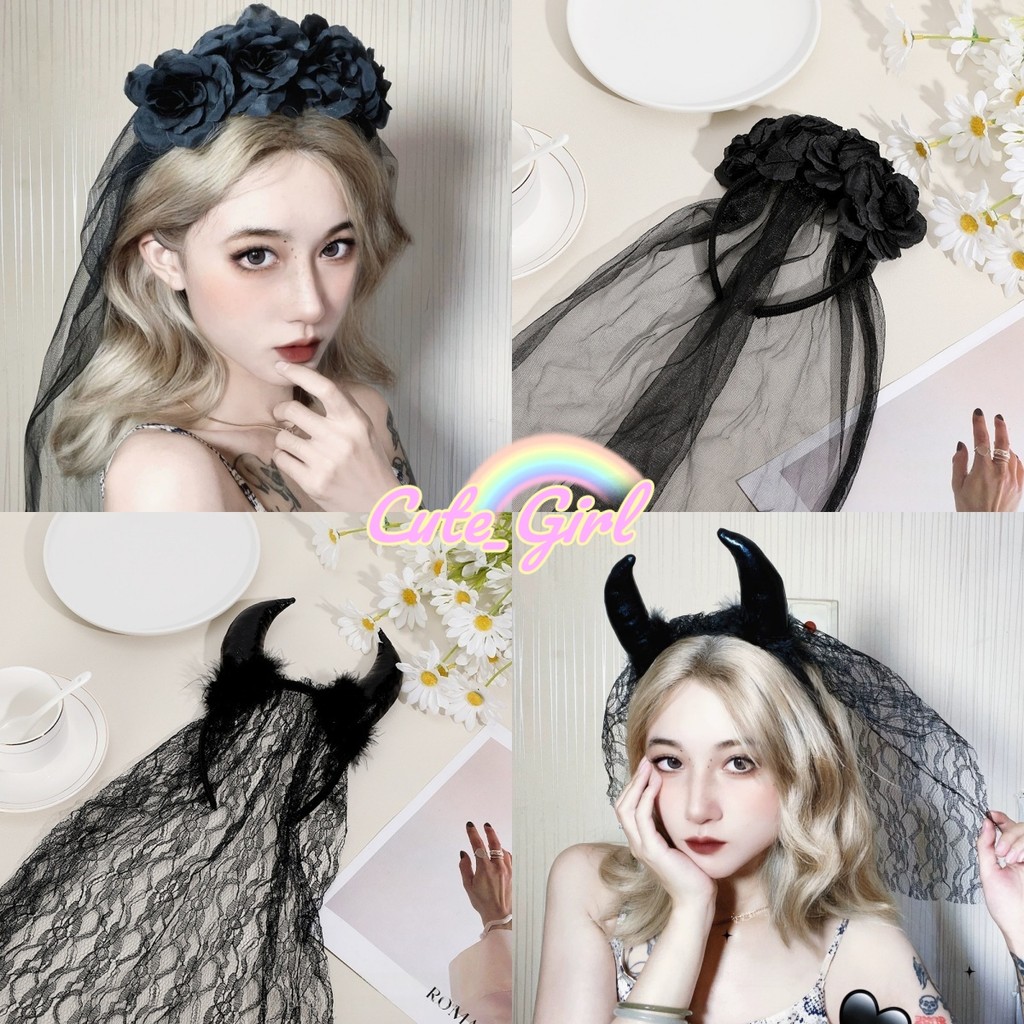 Cute_Girl 💕💕 ยางรัดผม ที่คาดผมเขาควายปีศาจ วัสดุลูกไม้ กุหลาบดำประดับตกแต่ง แฟชั่นและบุคลิกภาพ เครื่องประดับผ