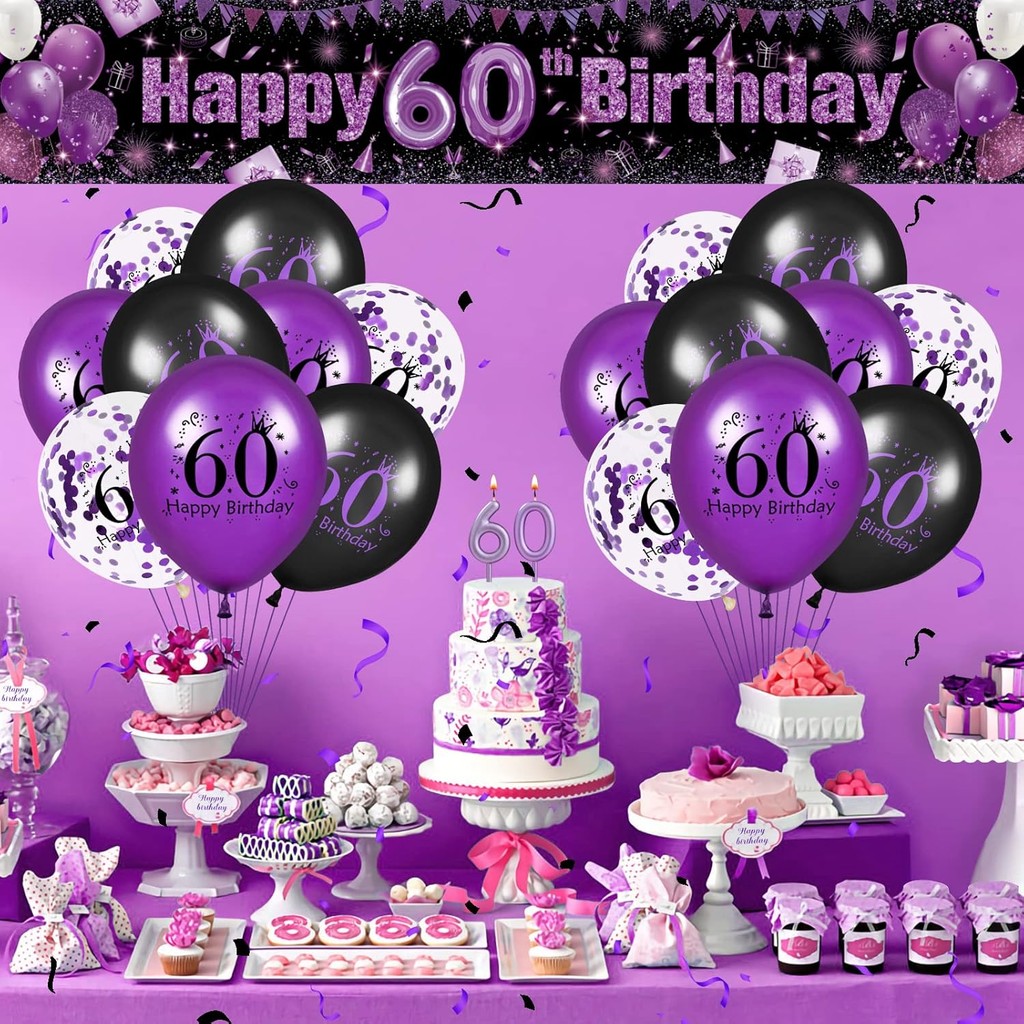 60th ตกแต่งงานเลี้ยงวันเกิดสีม่วงสีดํา Happy 60th วันเกิดแบนเนอร์และ 18PCS 60th วันเกิดบอลลูนสําหรับ