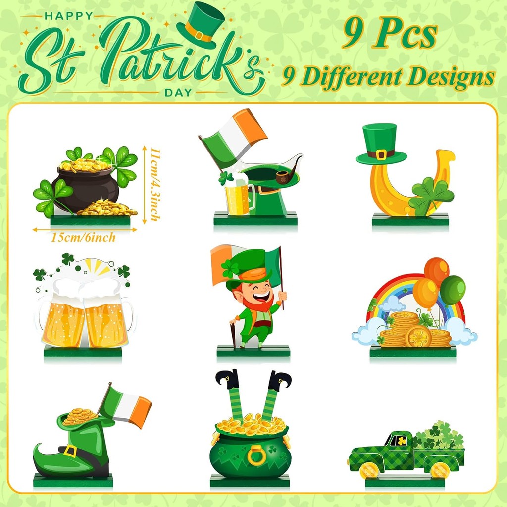 9 ชิ้น St Patricks Day ตารางตกแต่ง St Patricks Day ตารางป้ายไม้ Shamrocks แก้วเบียร์หมวกสีเขียว St P