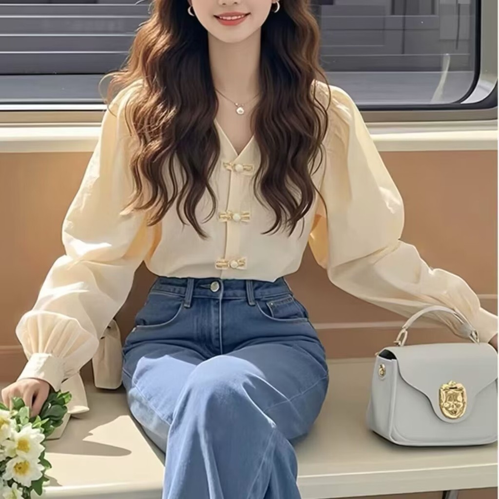 เสื้อแขนยาวสไตล์จีนสีแอปริคอท ระดับไฮเอนด์แบบฝรั่งเศส Happy Me 7DGY