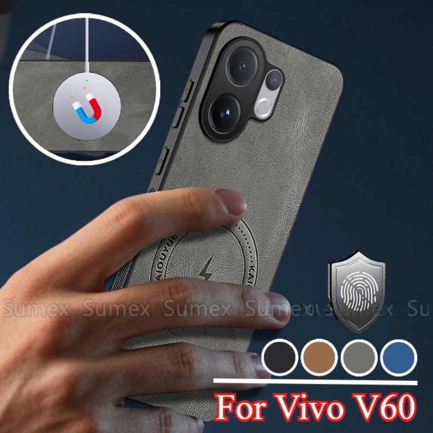 แม่เหล็กชาร์จแหวนหนังสําหรับ Vivo V60 V2511 5G Simple Plain ธุรกิจโทรศัพท์ปกหลัง Soft TPU กล้องกันกร