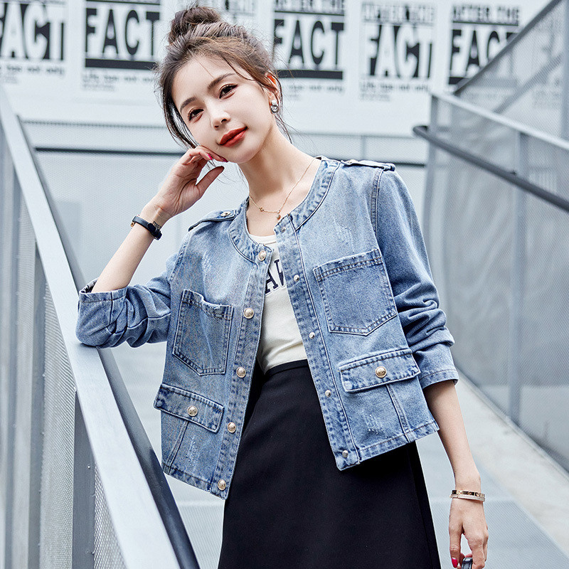 imoveเสื้อโค้ทยีนส์ลําลองทรงหลวมสําหรับผู้หญิงสไตล์เกาหลีคอกลมใส่แจ็คเก็ตยีนส์