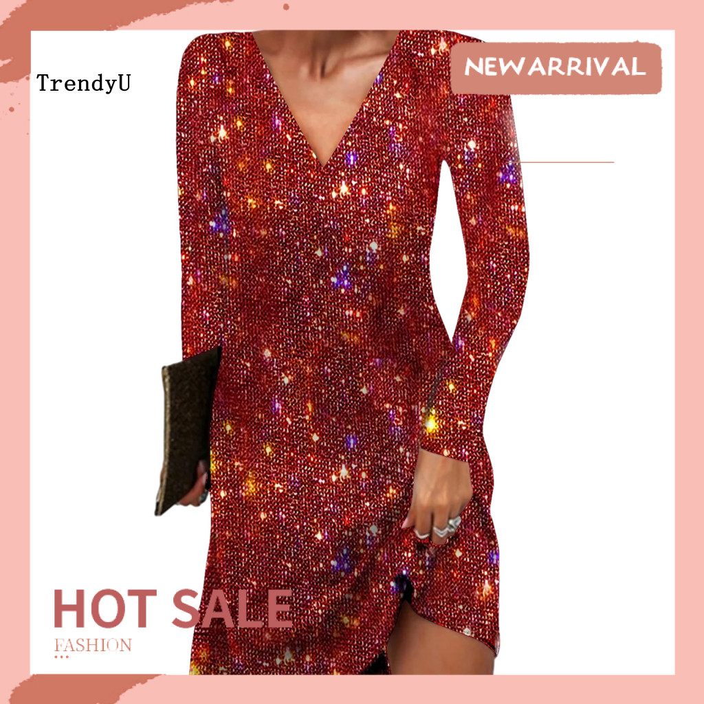 TRD Shiny A-line Dress Lady แขนยาวชุด Sparkle และ Shine V คอเลื่อมปาร์ตี้มินิเดรสสําหรับเอเชียตะวันอ