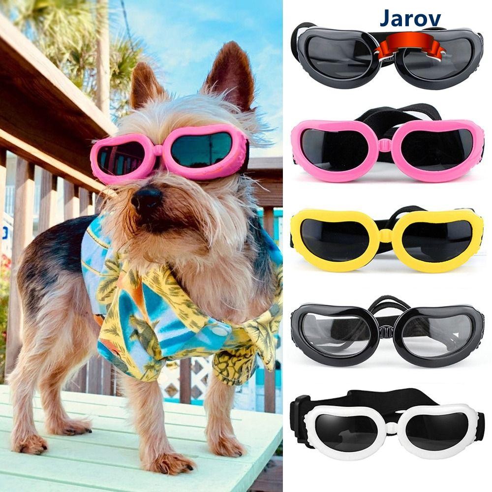 แว่นตาสัตว์เลี้ยง JAROV แว่นกันแดดสุนัขแมวป้องกันรังสียูวีหลายสี อุปกรณ์ประกอบฉากภาพสัตว์เลี้ยงแบบปรับได้แบบพกพา เชือกกันลม แว่นตามอเตอร์ไซค์สุนัข ฤดูร้อน
