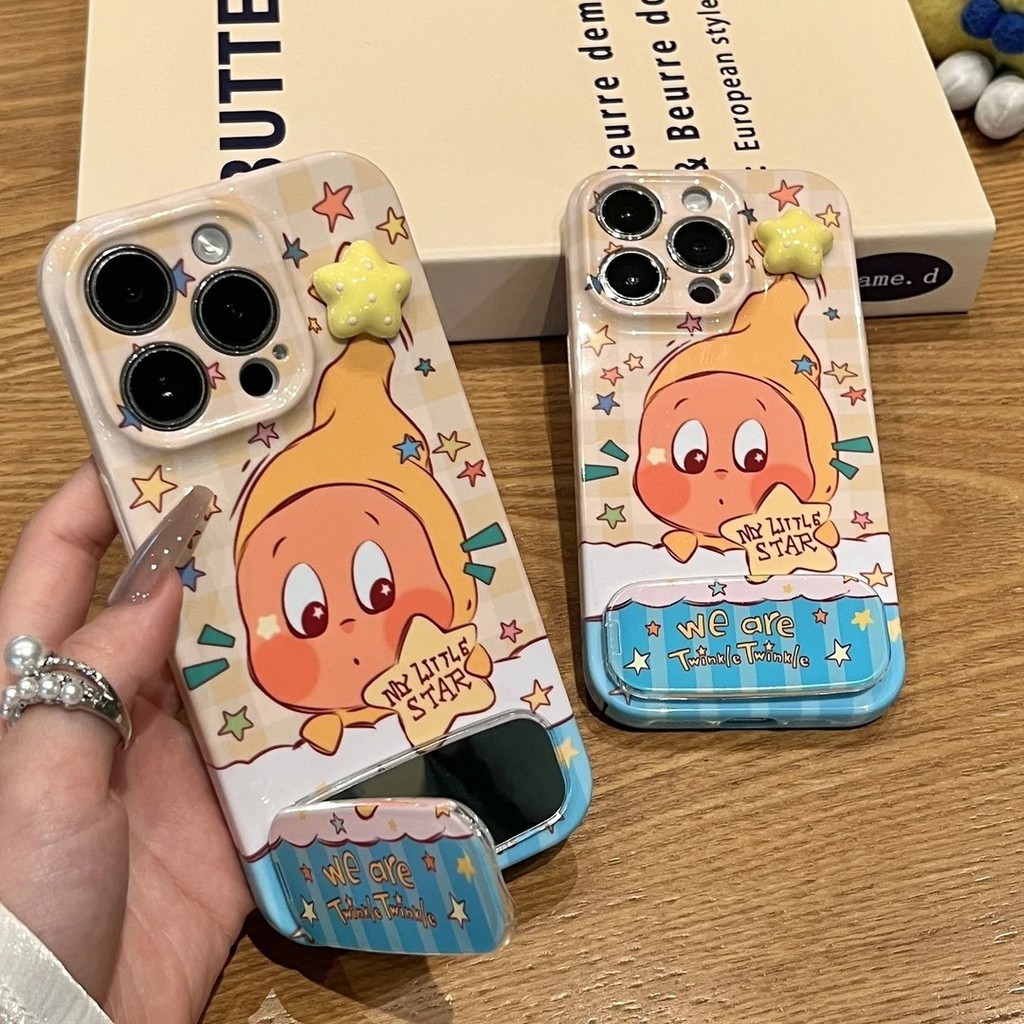น่ารัก Little Star การ์ตูนฟิล์ม Hard/Soft สําหรับ iPhone 17 16 15 14 13 12 & Huawei P40-P70 พร้อมกระจกขาตั้งกันกระแทกกันฝุ่น ALYX