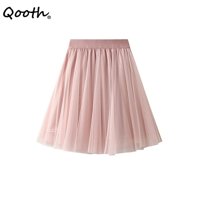 Qooth Elegant Mini Skirt QT2745 - ตุลเล่ tiered มินิกระโปรงเอวยางยืด สไตล์หวานสำหรับฤดูร้อน