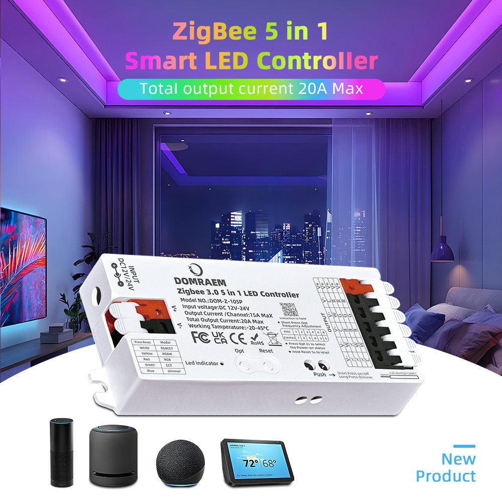 DOMRAEM Zigbee 3.0 สมาร์ท 5 in1 LED Controller DIMMER WW/CW RGB RGBWCCT Strips ทํางานร่วมกับ 3.0 Hub