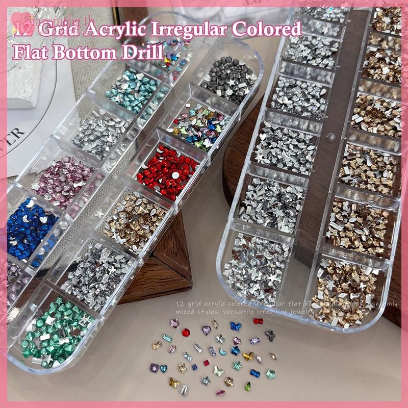 RENBG 12 กริดผสม 3D Flatback เล็บ Rhinestones คริสตัลเพชรสําหรับเล็บ Glitter Charm Decor DIY เล็บเครื่องมืออุปกรณ์ TH
