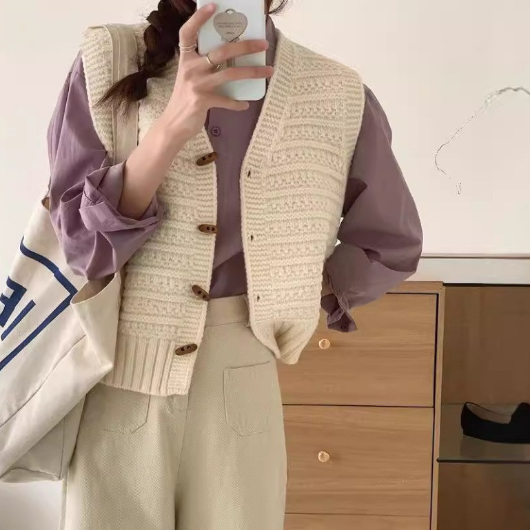 E1 ผู้หญิงขนสัตว์ Gilet ถัก Gilet, Chic Vintage สไตล์ญี่ปุ่น V คอแขนกุดเสื้อกันหนาว L295 G-2.2 e2