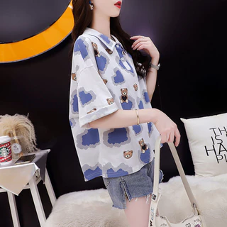 no1 shop 2023ใหม่ท็อปส์ลำลองฤดูร้อนสไตล์ตะวันตกลดอายุของผู้หญิงคอวีเสื้อโปโลแขนสั้นเสื้อยืดผู้หญิงเก๋ท็อปส์