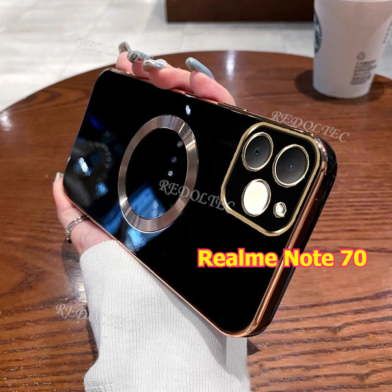 Realme Note 70 Note 70T Case Ultra Thin Solid Color Electroplated Casing Realme Note70 พร้อมแหวนแม่เหล็กชาร์จไร้สายฝาครอบโทรศัพท์
