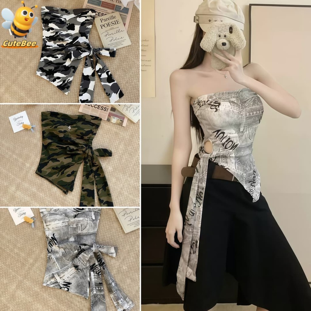🐝CuteBee🐝24/9 เสื้อเกาะอกเสริมฟองน้ำ ดีเทลลายทหารเท่ๆมีสไตล์น่ารักมาก สไตล์ยุโรปและอเมริกัน’ FY66033