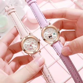 Sanrio Hello Kitty Kuromi นาฬิกาน่ารักการ์ตูน Rose Gold พร้อมเข็มขัดเพชรนาฬิกาผู้หญิงนาฬิกาควอตซ์