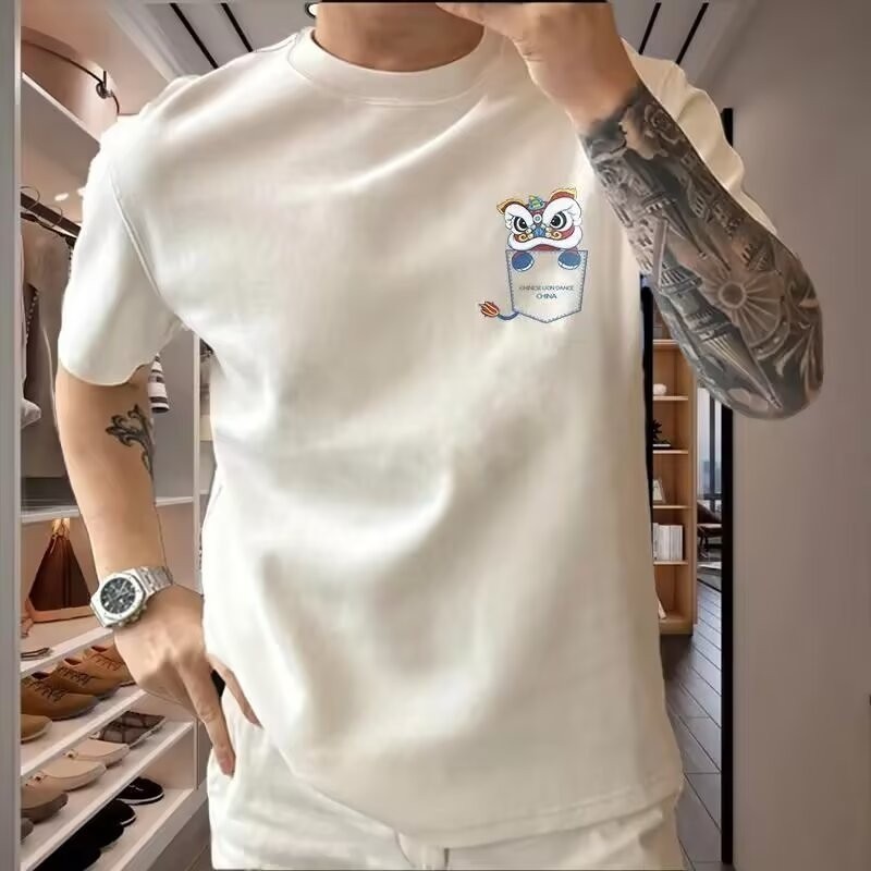 2025 NEW White Lion Dance Pattern Short Sleeve T-Shirt Men's Trendy Brand 2025 Summer New Men's Nati