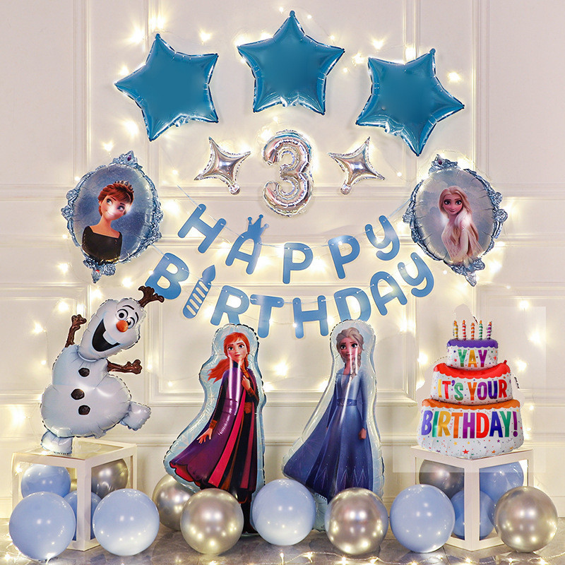 เค้าโครงฉากตกแต่งวันเกิดแช่แข็งสามารถปรับแต่งตัวเลขเจ้าหญิงเอลซาบอลลูนสาวเด็กทารกงานเลี้ยงวันเกิด
