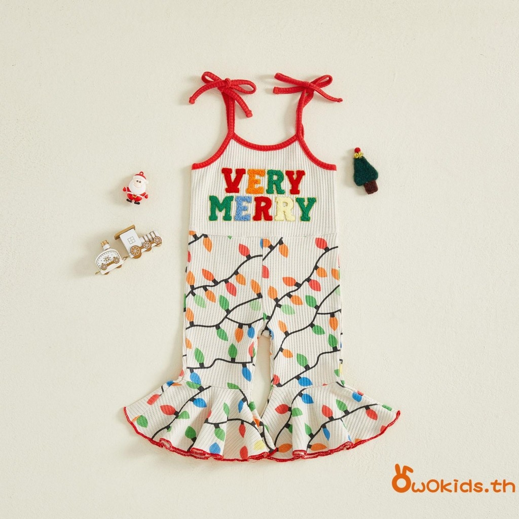 ชุดรอมเปอร์เด็กวัยหัดเดิน แบบกางเกงบานหลวม ออกแบบคริสต์มาส พิมพ์ลายระฆัง และตกแต่งด้วยไฟสตริง