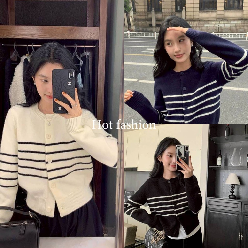 HOT FASHION THAI พร้อมส่ง เสื้อไหมพรมแขนยาว กันหนาว ดีเทลลายทาง เกาหลีเบาๆเรียบๆใส่คลุมได้ -N109