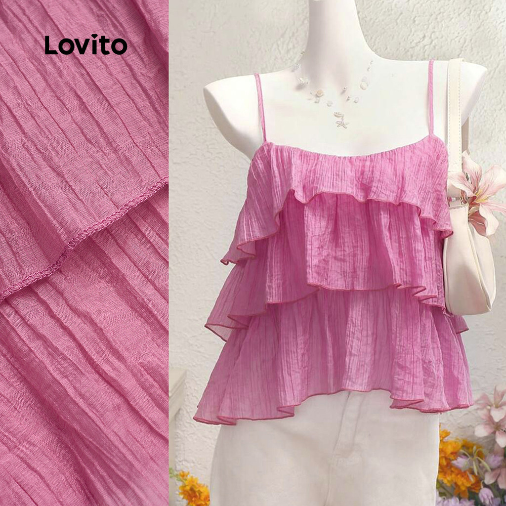 Lovito ลำลองสีพื้นระบายLeisure ชั้นชั้นฤดูใบไม้ผลิ/ฤดูร้อน Rose Red เสื้อกล้ามสําหรับผู้หญิง L135A2D476