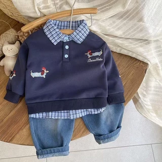MooDeng Baby เซ็ตแขนยาว ปักลาย คอปก ลายสก็อต 2 สีเทา สีกรม เซท 2 ชิ้น เสื้อแขนยาว+ กางเกงขายาว ใส่เที่ยว ชุดเซทสุดเท่