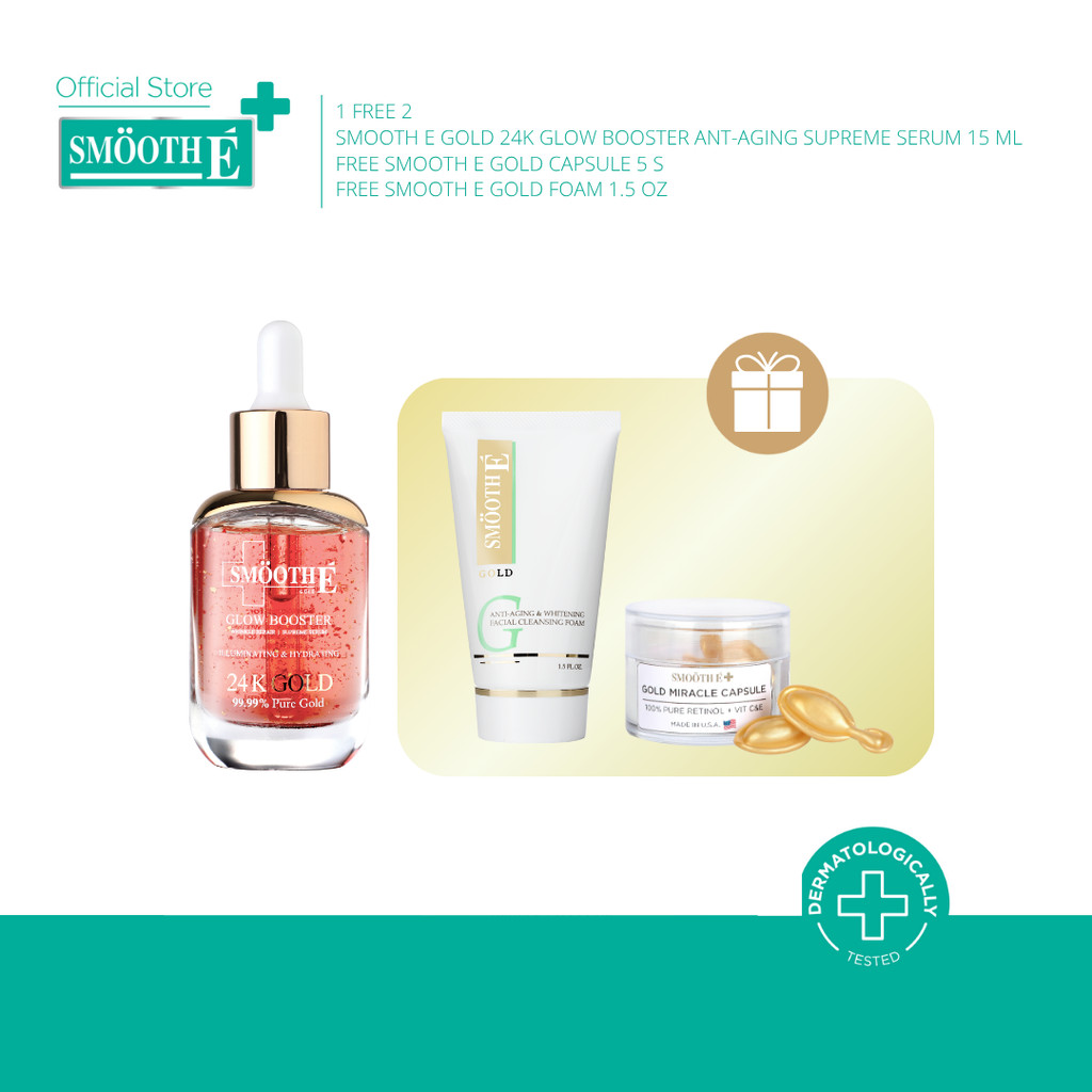 [แพ็คสุดคุ้ม 1 ฟรี 2] Smooth E 24k Glow Booster Wrinkle Repaire Supreme Serum 15 ml. Free Gold Mini 