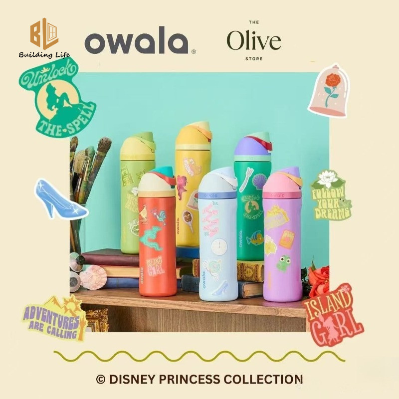 Owala FreeSip 24oz Limited Edition 6 รูปแบบและสีชุดเจ้าหญิง Owala ถ้วยพร้อมฟางฉนวนสแตนเลสกระติกน้ําร้อนถ้วยน้ําขวดสําหรับเล่นกีฬาและการเดินทางกีฬาปลอดสาร BPA