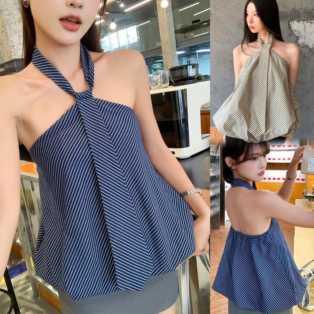 Chili Koko เสื้อกั๊กคอผูกแขนกุดลายทางสไตล์ฝรั่งเศสสำหรับผู้หญิง ลายทางฤดูร้อนใหม่สำหรับผู้หญิง 99211