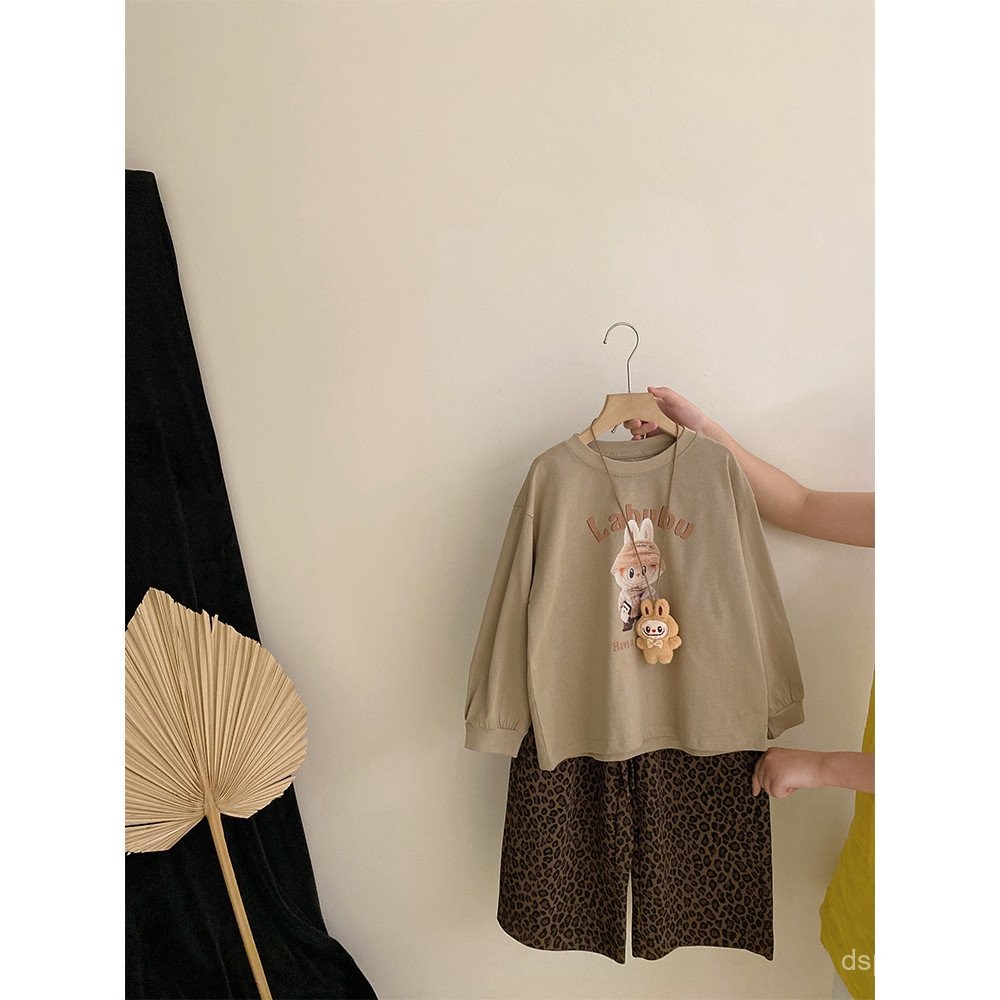 Korean Version of Girls' Cartoon Printed Letter Tops2025Autumn New Versatile Stylish Loose Leopard P
