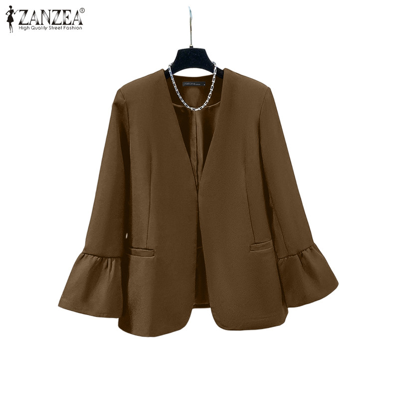 ZANZEA เสื้อสูทสำหรับผู้หญิง สไตล์เกาหลี ลายวี แขนทรัมเป็ต ทรงหลวม