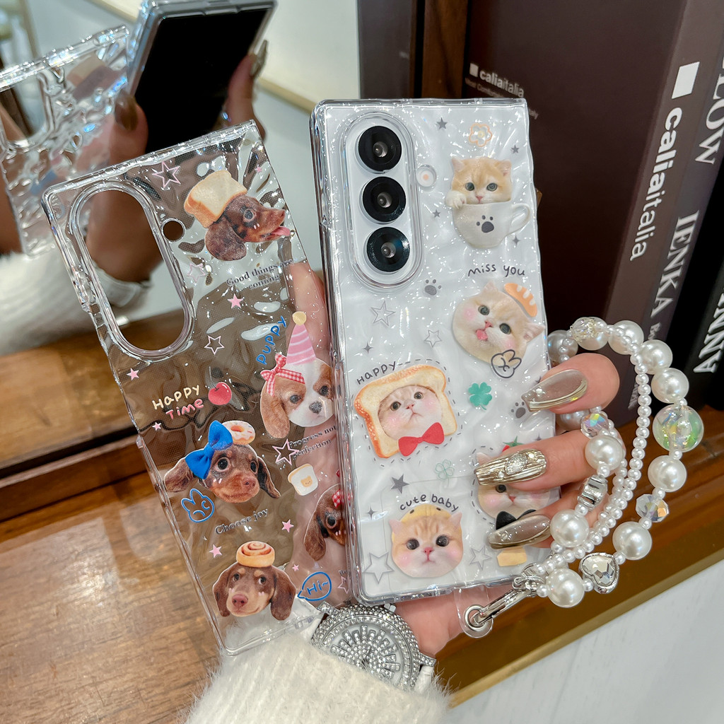 การ์ตูนน่ารัก DACHSHUND แมว สร้อยข้อมือ เคส Samsung Galaxy Z Fold 8 Ultra 7 6 5 4 Case New style โปร่งใส ริ้วรอย ป้องกันการตก พลิกปก เคสโทรศัพท์แบบแข็ง