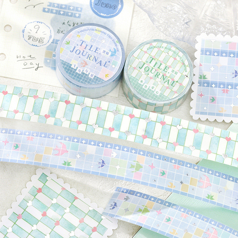 ไดลี่|20 มม. * 3 M Fresh Hot Stamping Silver Washi Tape Basic Geometric Tile รูปแบบนักเรียนคู่มือฐาน DIY สติกเกอร์