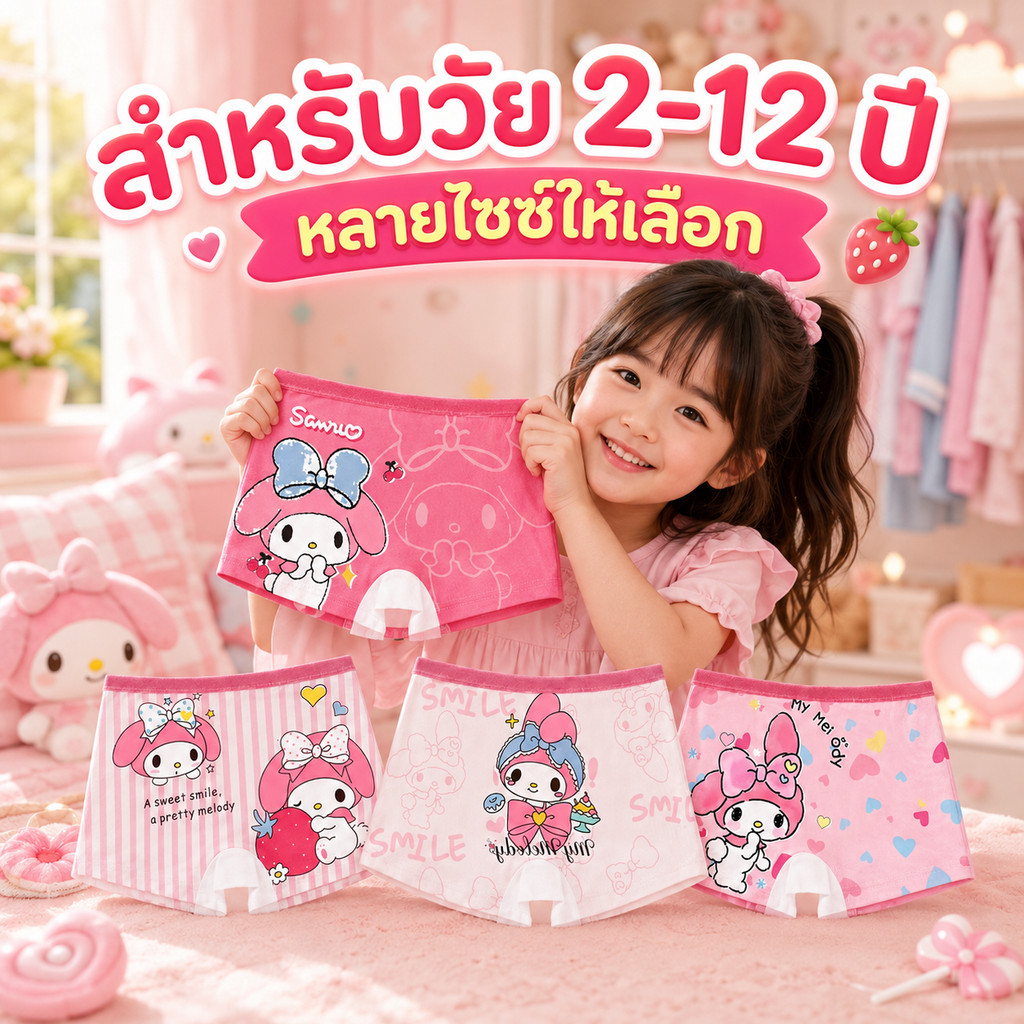 กางเกงในเด็กผู้หญิง ผ้านุ่มพิเศษ ไม่รัดเอว ไม่รัดขา 4 ตัว/ชุด