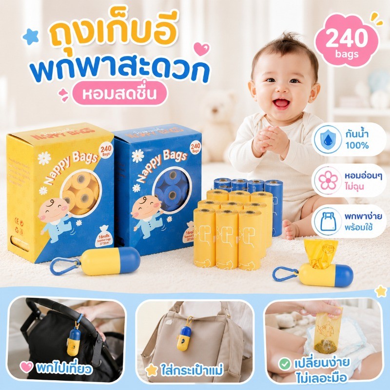 ถุงใส่ผ้าอ้อม ถุงขยะ 240PCS แบบใช้แล้วทิ้ง ป้องกันความชื้นและกลิ่น เหมาะสำหรับพกพาออกนอกบ้าน