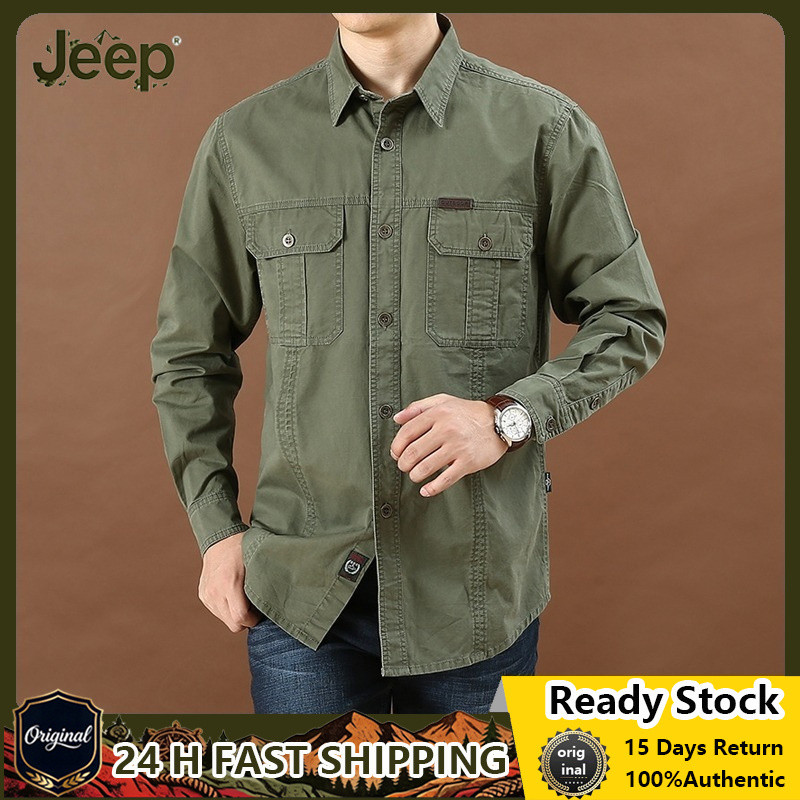 JEEP SPIRIT เสื้อเชิ้ตคาร์โก้แขนยาวผู้ชายลําลองผ้าฝ้ายสไตล์ทหารคุณภาพสูงด้านบน