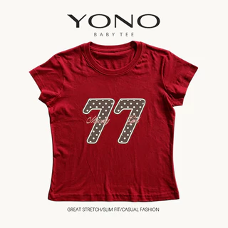 (พร้อมส่ง24ชม.) baby tee สีเบจ ลายเลข 77 ลายจุด ฟีลอเมริกันคอลเลจวินเทจ ทรงเข้ารูป ใส่ชิค