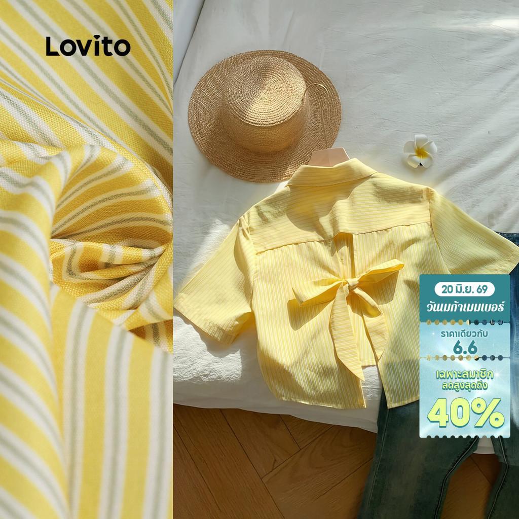 Lovito Boho เสื้อเชิ้ตครอปทรงหลวมลายทางผูกโบว์หลังผ่าหลัง เสื้อเบลาส์สีเหลืองฤดูใบไม้ผลิ/ฤดูร้อนสำหรับผู้หญิง L139AD390