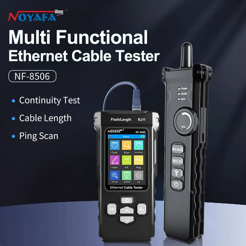Noyafa NF 8506 เครื่องทดสอบสายเคเบิล POE Ping Lan Test IP Scan ความยาวลวดทดสอบความต่อเนื่อง RJ45 RJ1