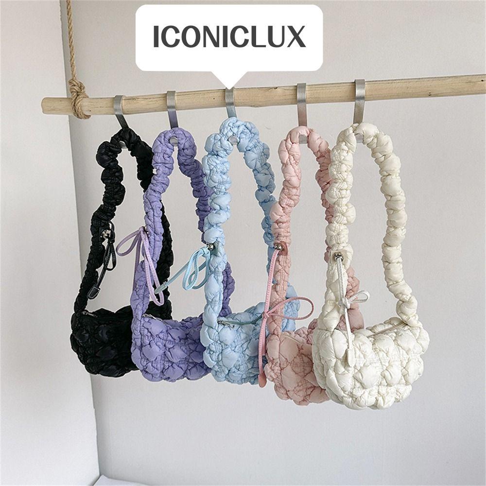 ICONICLUX Messenger Bag, Cloud Solid Color Quilted Shoulder Bag, Casual Bubbles Pleated Commute Bag Women Girls
