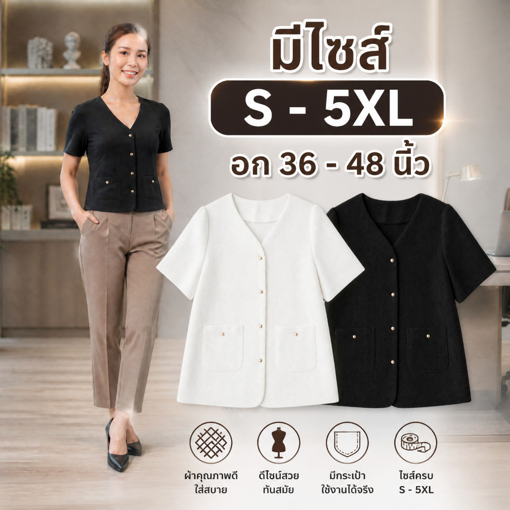 Kaekai พร้อมส่ง เสื้อคลุม S-5XL แขนสั้น คอวี ทรงเรียบง่าย สไตล์ลำลอง มีกระเป๋าหน้าสองข้าง ดีไซน์กระดุม งานผ้าฝ้ายใส่สบาย